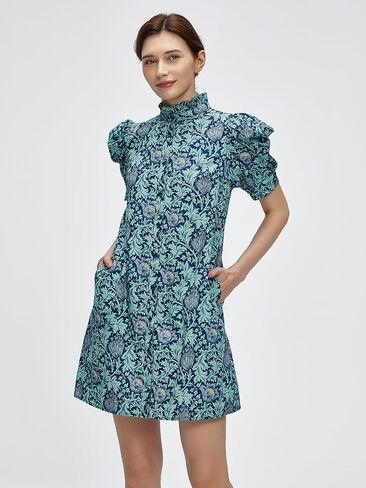 Women Summer Floral Mini Dress Ruffle Neck Puffer Sleeve Boho Beach Shift Dresses in Saudi Arabia