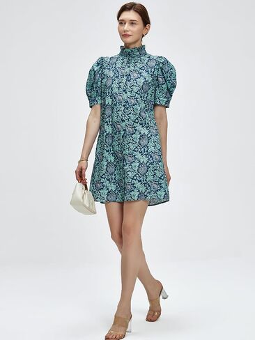 Women Summer Floral Mini Dress Ruffle Neck Puffer Sleeve Boho Beach Shift Dresses in Saudi Arabia