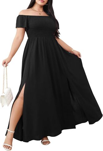 RWJ Womens Plus Size Wedding Guest Dress Summer Off Shoulder Short Sleeve Party Cocktail A-Line Split Long Maxi Dresses in Kuwait