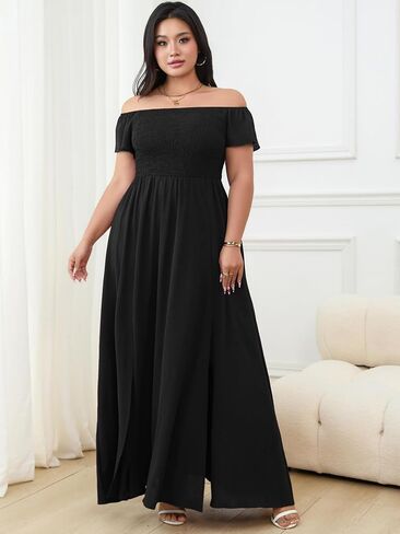 RWJ Womens Plus Size Wedding Guest Dress Summer Off Shoulder Short Sleeve Party Cocktail A-Line Split Long Maxi Dresses in Kuwait
