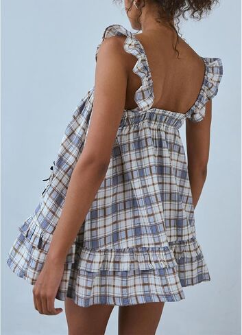 HOXIJIA Women Cute Floral Printed Mini Dress Sleeveless Bow Front Loose Ruffled Short Dress Summer Gingham Babydoll One Piece in Saudi Arabia