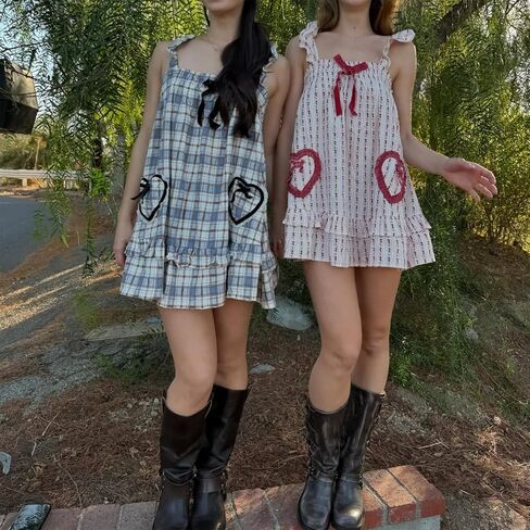 HOXIJIA Women Cute Floral Printed Mini Dress Sleeveless Bow Front Loose Ruffled Short Dress Summer Gingham Babydoll One Piece in Saudi Arabia