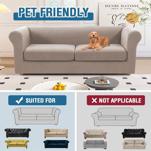 3 Piece Chesterfield Sofa Cover for 2 Cushion Couch High Arm Sofa Slipcovers 2 Seat High Stretch Washable Furniture Protector for Dogs Pet (Khaki, XL-Loveseat) in Kuwait