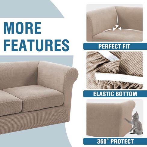 3 Piece Chesterfield Sofa Cover for 2 Cushion Couch High Arm Sofa Slipcovers 2 Seat High Stretch Washable Furniture Protector for Dogs Pet (Khaki, XL-Loveseat) in Kuwait