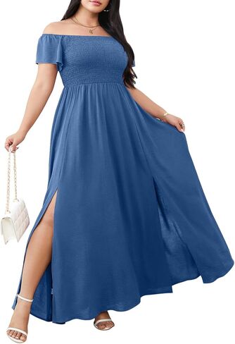 RWJ Womens Plus Size Wedding Guest Dress Summer Off Shoulder Short Sleeve Party Cocktail A-Line Split Long Maxi Dresses in Kuwait