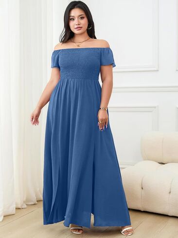 RWJ Womens Plus Size Wedding Guest Dress Summer Off Shoulder Short Sleeve Party Cocktail A-Line Split Long Maxi Dresses in Kuwait