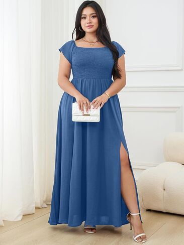 RWJ Womens Plus Size Wedding Guest Dress Summer Off Shoulder Short Sleeve Party Cocktail A-Line Split Long Maxi Dresses in Kuwait