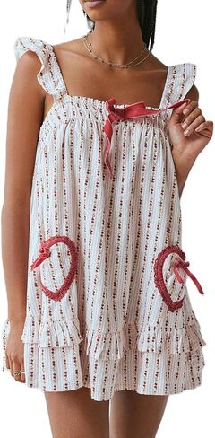 HOXIJIA Women Cute Floral Printed Mini Dress Sleeveless Bow Front Loose Ruffled Short Dress Summer Gingham Babydoll One Piece in Saudi Arabia