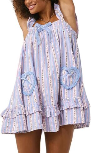 HOXIJIA Women Cute Floral Printed Mini Dress Sleeveless Bow Front Loose Ruffled Short Dress Summer Gingham Babydoll One Piece in Saudi Arabia