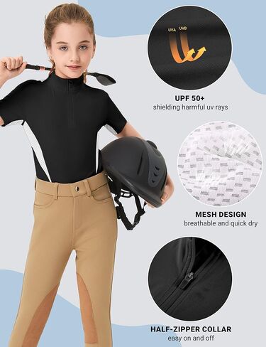 FitsT4 Sports Girls Short Sleeve Equestrian Shirt Quick Dry Horse Riding Shirts Half Zip Horseback Show Shirt in Saudi Arabia