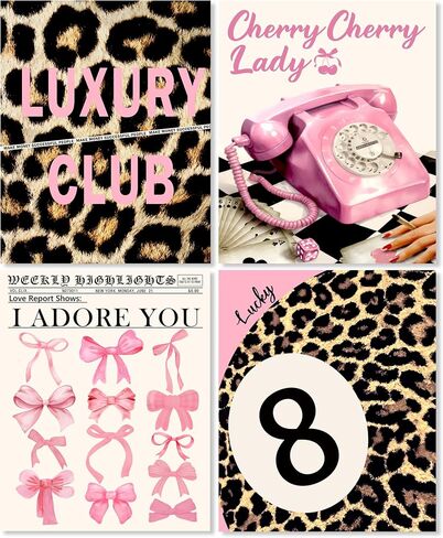 Lukipom Trendy Retro Pink Y2K Leopard Bar Bar Prints 8x10 مجموعة من 4 ، ديكور الغرفة الفاخرة ، الفهود غير التقليدي Lucky Dice High High Cheels Martini Wall Art Posters for Home Bar Girls Apartment Decor in Kuwait