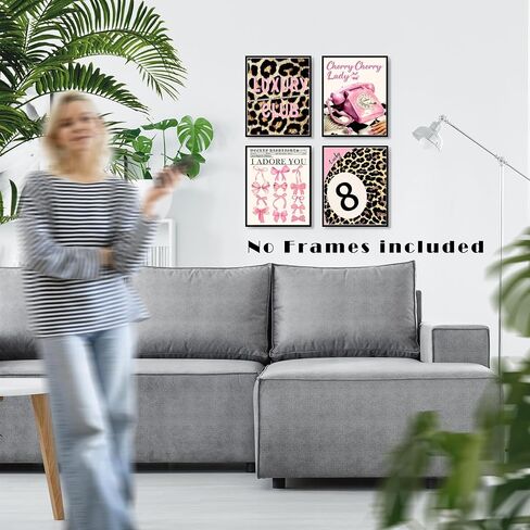 Lukipom Trendy Retro Pink Y2K Leopard Bar Bar Prints 8x10 مجموعة من 4 ، ديكور الغرفة الفاخرة ، الفهود غير التقليدي Lucky Dice High High Cheels Martini Wall Art Posters for Home Bar Girls Apartment Decor in Kuwait