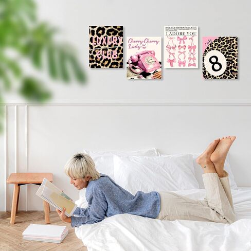 Lukipom Trendy Retro Pink Y2K Leopard Bar Bar Prints 8x10 مجموعة من 4 ، ديكور الغرفة الفاخرة ، الفهود غير التقليدي Lucky Dice High High Cheels Martini Wall Art Posters for Home Bar Girls Apartment Decor in Kuwait