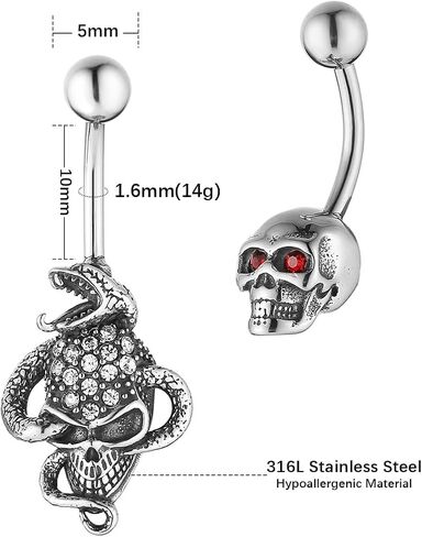 HZMAN Belly Button Rings for Women 14G Surgical Steel Belly Rings Gothic Skull Belly Rings Navel Piercing Jewelry in Saudi Arabia