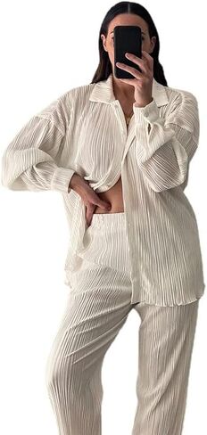Womens 2 Pieces Outfits Ribbed Long Sleeves Loose Casual Top Wide Leg Pants Set in Saudi Arabia