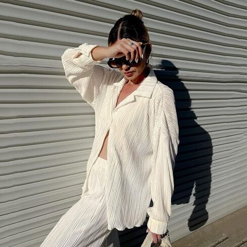 Womens 2 Pieces Outfits Ribbed Long Sleeves Loose Casual Top Wide Leg Pants Set in Saudi Arabia
