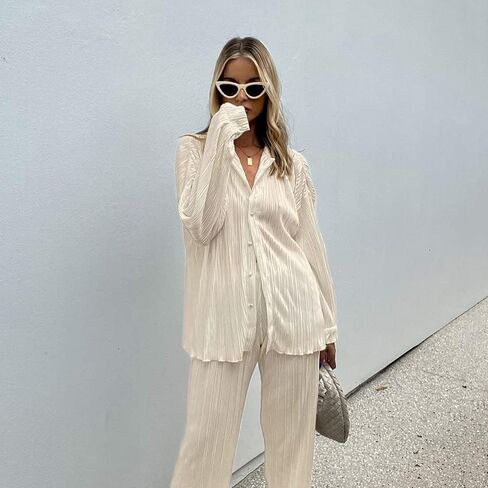 Womens 2 Pieces Outfits Ribbed Long Sleeves Loose Casual Top Wide Leg Pants Set in Saudi Arabia