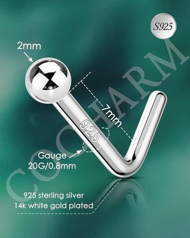 Cocharm 925 Sterling Silver Nose Stud 20g l على شكل أنف حلقة طارقة لطيف الأنف ثقب مسمار أعلى الكرة مجوهرات ثقب للنساء للرجال نهاية الكرة 1.5 مم 2 مم 2.5 مم 3 مم in Kuwait