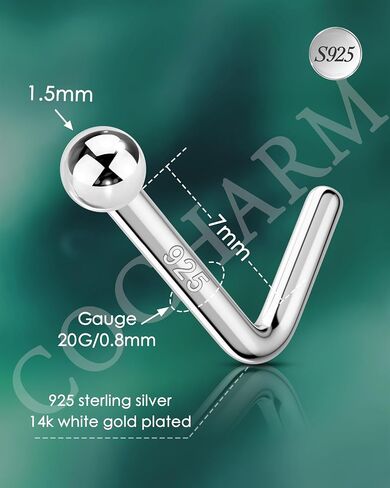 Cocharm 925 Sterling Silver Nose Stud 20g l على شكل أنف حلقة طارقة لطيف الأنف ثقب مسمار أعلى الكرة مجوهرات ثقب للنساء للرجال نهاية الكرة 1.5 مم 2 مم 2.5 مم 3 مم in Kuwait