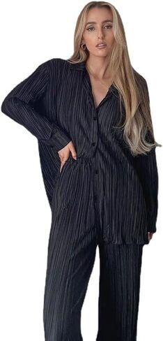 Womens 2 Pieces Outfits Ribbed Long Sleeves Loose Casual Top Wide Leg Pants Set in Saudi Arabia