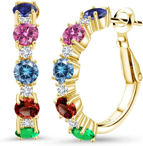 Gem Stone King مخصصة وشخصية أقراط للنساء | 18K الذهب الأصفر مطلي بالفضة | 4 ملم مستديرة الأحجار الكريمة الحجر و 2 مم جولة أبيض مويسانيت ذهبية in Saudi Arabia