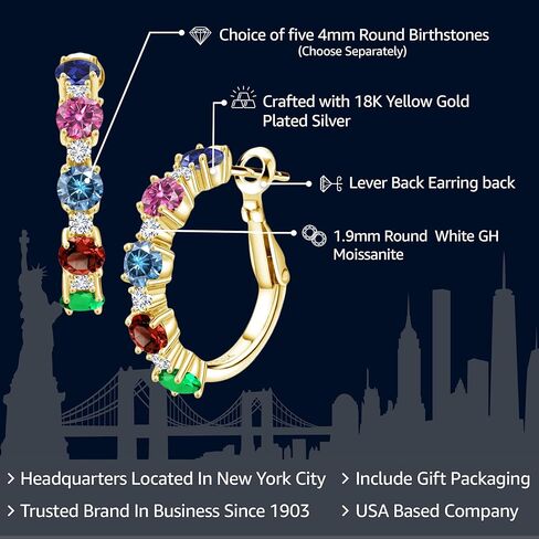 Gem Stone King مخصصة وشخصية أقراط للنساء | 18K الذهب الأصفر مطلي بالفضة | 4 ملم مستديرة الأحجار الكريمة الحجر و 2 مم جولة أبيض مويسانيت ذهبية in Saudi Arabia
