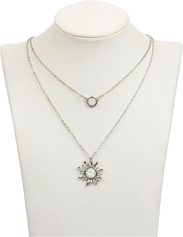 Spiritrain Sun Moon Opal Layered Pendant Necklace for Women Gold Silver Plated Dainty Charm Sunflower Round Geometric Planet Chain Choker Necklace for Mom Wife Daughter Friend Fashion Jewelry Gifts in Saudi Arabia