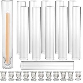 Glass Hurricane Candlestick Holders Clear 14" Tall Cylinder Candleholder Chimney Tube, Floral Taper Crystal Candle Stick Holder for Birthday Wedding Christmas Home Decor(1 Set 6Pcs) in Kuwait