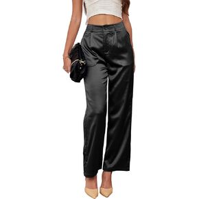 Fakanhui Wide Leg Pants for Women Work Party Wedding Casual Slacks Satin Nightout Pant Trouser in Kuwait