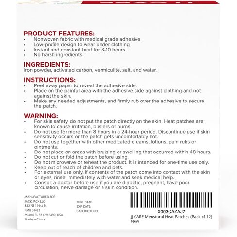 JJ CARE Heat Patch for Menstrual Cramp Relief (6 pcs Large), Period for Cramps with Air-Activated Carbon, Menstrual Heating Patches for Period - 3.74 x 7.87 inches in Kuwait