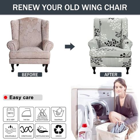 Wing Chair Slipcovers 2 Pieces Stretch Spandex Wingback Chair Covers Sofa Slipcover Printing Wingback Armchair Slipcovers Furniture Protector Couch Soft with Elastic Bottom for Wingback Chairs,12 in Kuwait