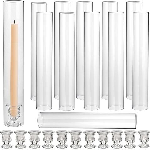 Glass Hurricane Candlestick Holders Clear 14" Tall Cylinder Candleholder Chimney Tube, Floral Taper Crystal Candle Stick Holder for Birthday Wedding Christmas Home Decor(1 Set 6Pcs) in Kuwait