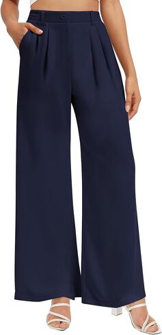 Buauty Womens Wide Leg Pants High Stretchy Berted Dress Pants الأعمال التجارية غير الرسمية سراويل ملابس أنيقة مع جيوب البحرية الأزرق in Saudi Arabia