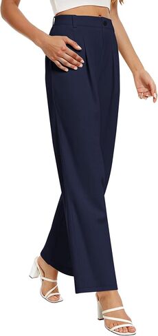 Buauty Womens Wide Leg Pants High Stretchy Berted Dress Pants الأعمال التجارية غير الرسمية سراويل ملابس أنيقة مع جيوب البحرية الأزرق in Saudi Arabia