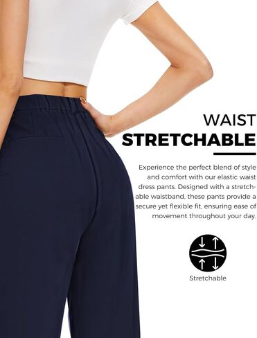 Buauty Womens Wide Leg Pants High Stretchy Berted Dress Pants الأعمال التجارية غير الرسمية سراويل ملابس أنيقة مع جيوب البحرية الأزرق in Saudi Arabia
