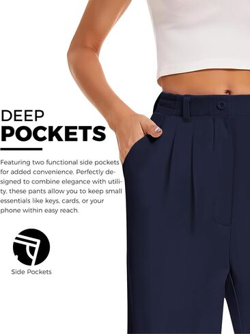Buauty Womens Wide Leg Pants High Stretchy Berted Dress Pants الأعمال التجارية غير الرسمية سراويل ملابس أنيقة مع جيوب البحرية الأزرق in Saudi Arabia