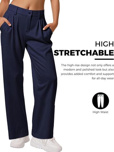 Buauty Womens Wide Leg Pants High Stretchy Berted Dress Pants الأعمال التجارية غير الرسمية سراويل ملابس أنيقة مع جيوب البحرية الأزرق in Saudi Arabia