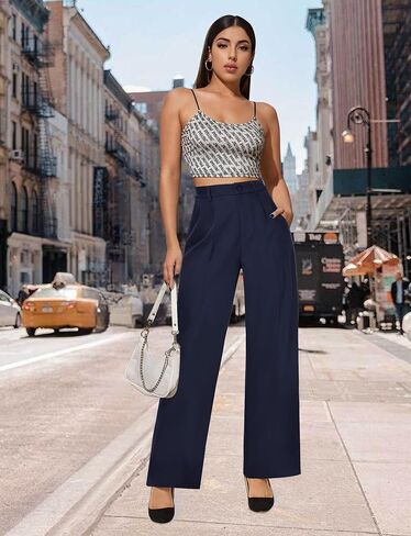 Buauty Womens Wide Leg Pants High Stretchy Berted Dress Pants الأعمال التجارية غير الرسمية سراويل ملابس أنيقة مع جيوب البحرية الأزرق in Saudi Arabia