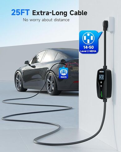 Portable Level 2 EV Charger for Tesla, 40A 240V 9.6kW NACS Charger with NEMA 14-50Plug, Adjustable Current, Delayed Start Timer, 28FT Extension Cord for Tesla Charger, Electric Car Mobile Charger in Saudi Arabia