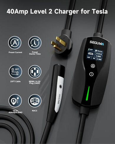 Portable Level 2 EV Charger for Tesla, 40A 240V 9.6kW NACS Charger with NEMA 14-50Plug, Adjustable Current, Delayed Start Timer, 28FT Extension Cord for Tesla Charger, Electric Car Mobile Charger in Saudi Arabia