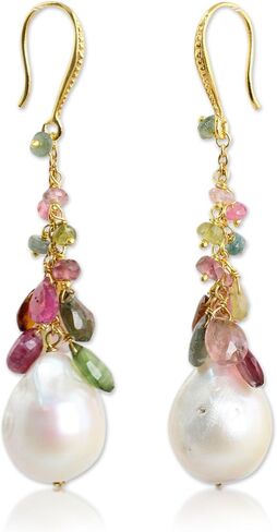 Novica Artisan Handmade Gold مطلي باليرل تورمالين أقراط متعددة الألوان على الحجر الأبيض المتدلى من تايلاند [2.5 في L x 0.6 في W] "Vineyard Thai" in Kuwait