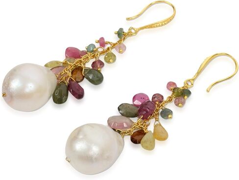 Novica Artisan Handmade Gold مطلي باليرل تورمالين أقراط متعددة الألوان على الحجر الأبيض المتدلى من تايلاند [2.5 في L x 0.6 في W] "Vineyard Thai" in Kuwait