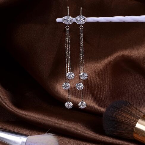 Long Chain Earrings for Women - Sterling Silver Cubic Zirconia CZ Crystal Bridal linear Dangle Drop Earrings for Wedding Girls Party Prom Hypoallergenic Costume Jewelry in Kuwait