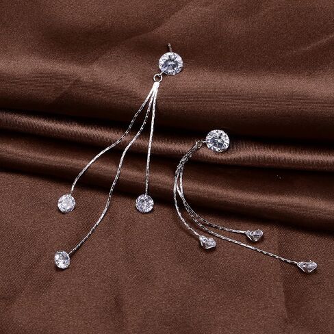 Long Chain Earrings for Women - Sterling Silver Cubic Zirconia CZ Crystal Bridal linear Dangle Drop Earrings for Wedding Girls Party Prom Hypoallergenic Costume Jewelry in Kuwait