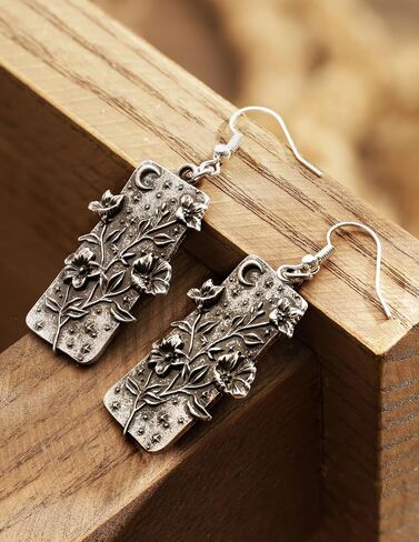 HAQUIL Vintage Antique Garden Night Floral Flower Crescent Moon Rectangle Dangle Drop Earrings Jewelry Gift for Women in Saudi Arabia