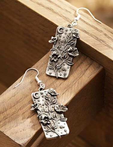 HAQUIL Vintage Antique Garden Night Floral Flower Crescent Moon Rectangle Dangle Drop Earrings Jewelry Gift for Women in Saudi Arabia