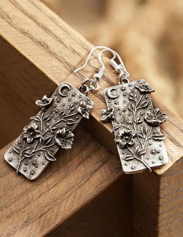 HAQUIL Vintage Antique Garden Night Floral Flower Crescent Moon Rectangle Dangle Drop Earrings Jewelry Gift for Women in Saudi Arabia