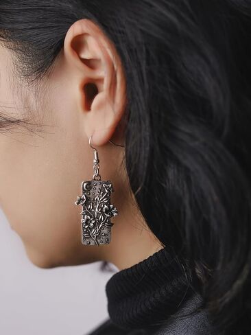 HAQUIL Vintage Antique Garden Night Floral Flower Crescent Moon Rectangle Dangle Drop Earrings Jewelry Gift for Women in Saudi Arabia