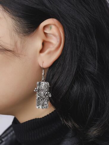 HAQUIL Vintage Antique Garden Night Floral Flower Crescent Moon Rectangle Dangle Drop Earrings Jewelry Gift for Women in Saudi Arabia