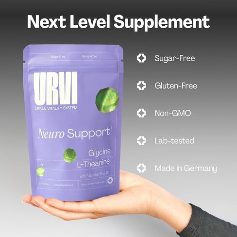 مكملات دعم Neuro Urvi®-500 ملغ من الجليكاين ، 150 ملغ L-theanine (فاعلية عالية) ، فيتامينات B1 و B6 للتركيز الهادئ والاسترخاء والنوم-خالي من السكر-الشاي الأخضر والتفاح-60 in Kuwait